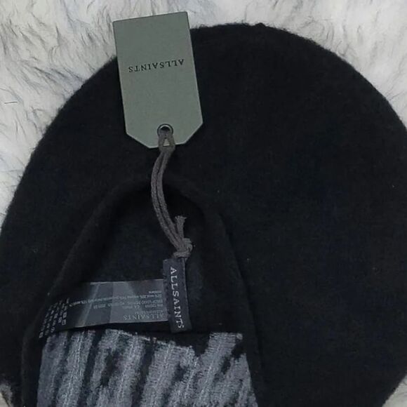 NWT ALLSAINTS KNIT DROP LOGO BEANIE HAT UNISEX OS BLACK WITH GRAY LOGO - Picture 3 of 6